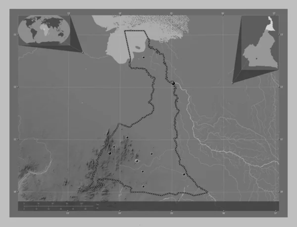 喀麦隆地区 极北地区 带有湖泊和河流的灰度高程图 该区域主要城市的所在地点 角辅助位置图 — 图库照片
