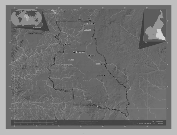 Ест Район Камеруну Граймасштабна Мапа Висот Озерами Річками Місця Розташування — стокове фото