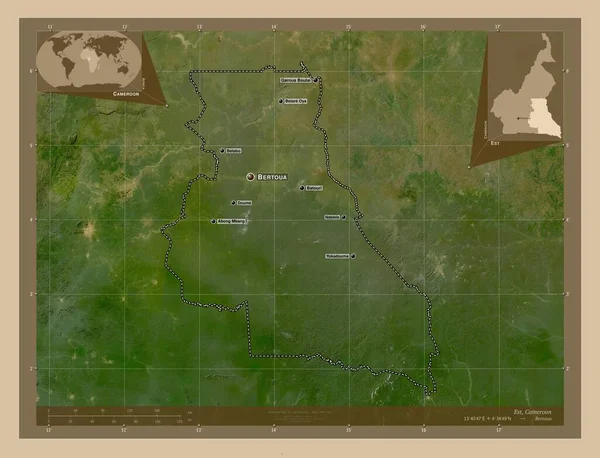 エスト カメルーンの地域 低解像度衛星地図 地域の主要都市の位置と名前 コーナー補助位置図 — ストック写真