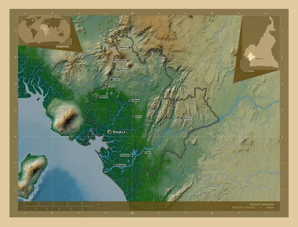 Litoral Región Camerún Mapa Elevación Colores Con Lagos Ríos Ubicaciones —  Fotos de Stock