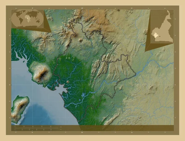 カメルーンの地方出身 湖や川と色の標高マップ コーナー補助位置図 — ストック写真