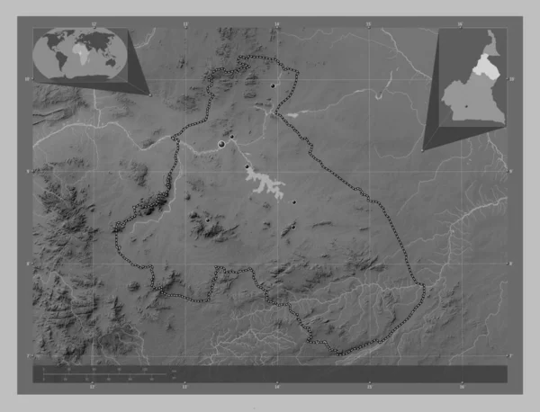 Nord Regio Kameroen Grayscale Hoogte Kaart Met Meren Rivieren Locaties — Stockfoto