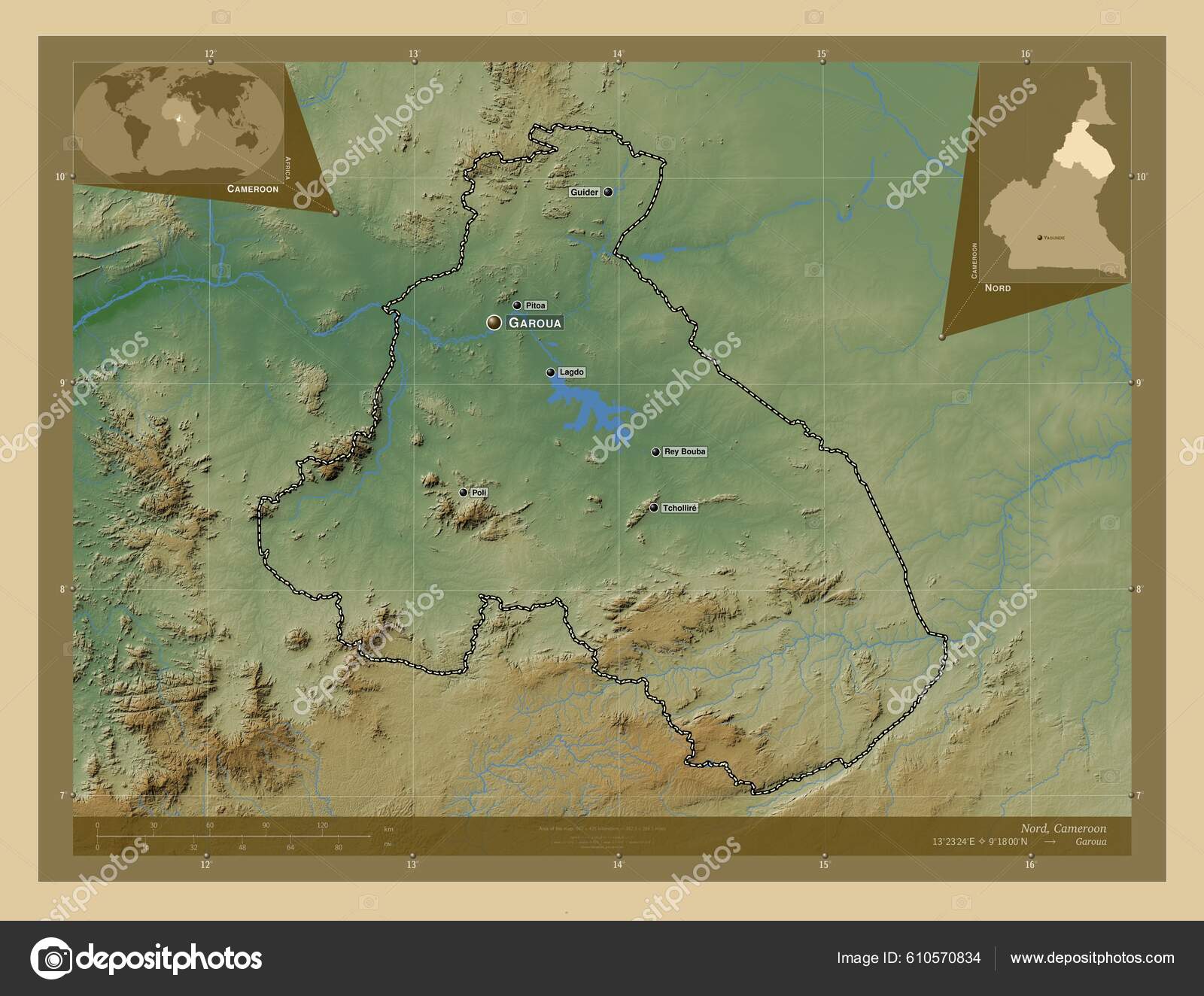 Nord Region Cameroon Colored Elevation Map Lakes Rivers Locations Names