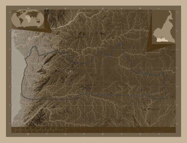 Sud, Kamerun bölgesi. Yükseklik haritası sepya tonlarında göller ve nehirlerle renklendirilmiş. Köşedeki yedek konum haritaları