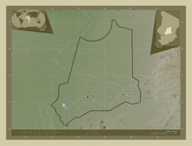 Batha, Chad bölgesi. Yükseklik haritası göller ve nehirlerle wiki tarzında renklendirilmiş. Bölgenin büyük şehirlerinin yerleri ve isimleri. Köşedeki yedek konum haritaları