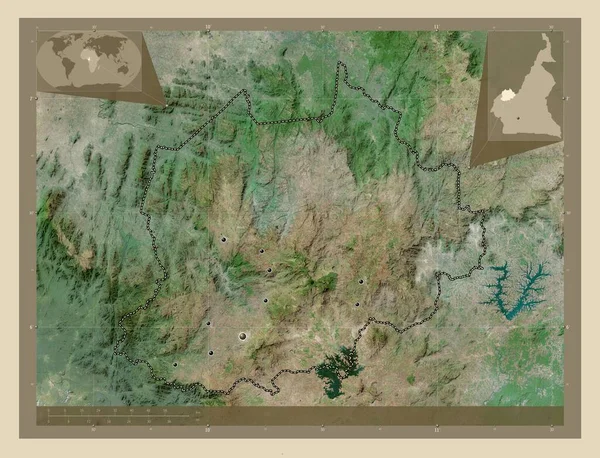 ノード アウト カメルーンの地域 高解像度衛星地図 地域の主要都市の場所 コーナー補助位置図 — ストック写真