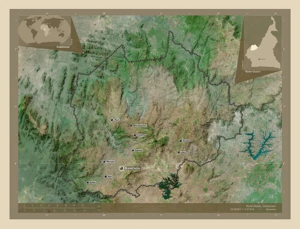 ノード アウト カメルーンの地域 高解像度衛星地図 地域の主要都市の位置と名前 コーナー補助位置図 — ストック写真