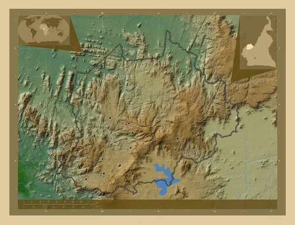 ノード アウト カメルーンの地域 湖や川と色の標高マップ 地域の主要都市の場所 コーナー補助位置図 — ストック写真