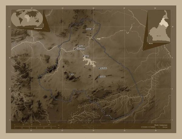 Norte Región Camerún Mapa Elevación Coloreado Tonos Sepia Con Lagos — Foto de Stock