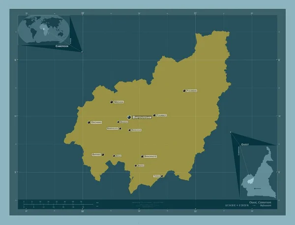 カメルーンの地域 しっかりした色の形 地域の主要都市の位置と名前 コーナー補助位置図 — ストック写真