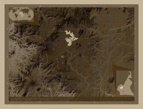 Ouest Región Camerún Mapa Elevación Coloreado Tonos Sepia Con Lagos — Foto de Stock