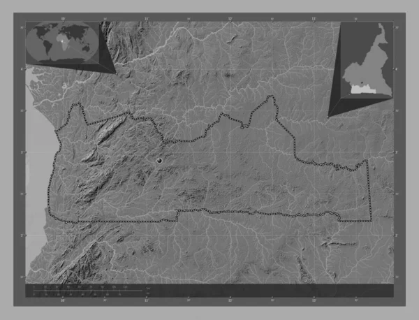 喀麦隆地区 带湖泊和河流的比尔维尔高程图 角辅助位置图 — 图库照片