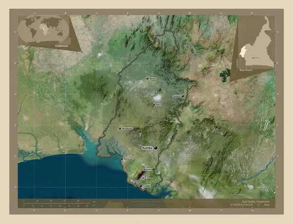 カメルーン州のサッド アウトスト地域 高解像度衛星地図 地域の主要都市の位置と名前 コーナー補助位置図 — ストック写真