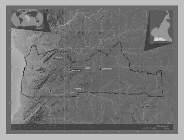 Sud Região Dos Camarões Mapa Elevação Escala Cinza Com Lagos — Fotografia de Stock