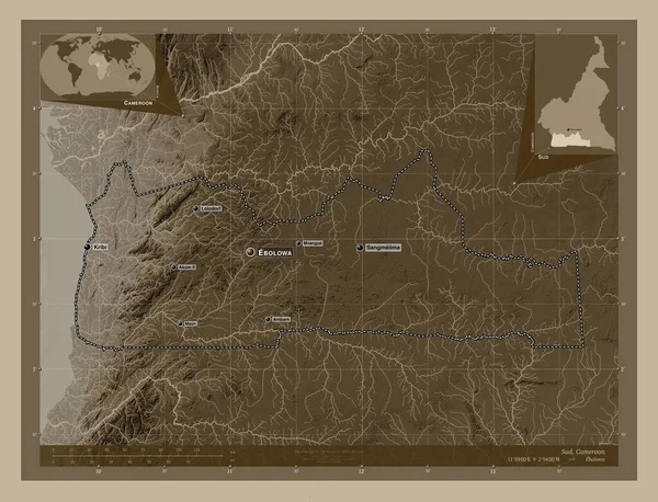 Sud Oblast Kamerunu Zdvihová Mapa Zbarvená Sépiovými Tóny Jezery Řekami — Stock fotografie