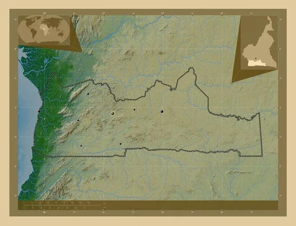 Sud Region Kamerun Farbige Übersichtskarte Mit Seen Und Flüssen Standorte — Stockfoto