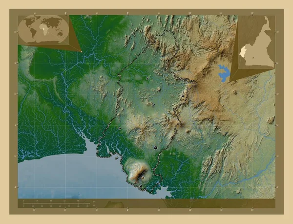 カメルーン州のサッド アウトスト地域 湖や川と色の標高マップ 地域の主要都市の場所 コーナー補助位置図 — ストック写真