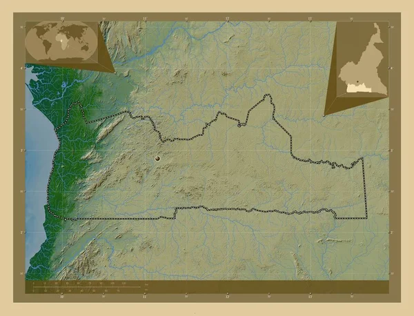 Sud Περιφέρεια Καμερούν Χρωματιστός Υψομετρικός Χάρτης Λίμνες Και Ποτάμια Γωνιακοί — Φωτογραφία Αρχείου