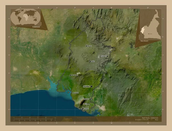 Sud Ouest Region Kamerunu Niska Rozdzielczość Satelity Lokalizacje Nazwy Głównych — Zdjęcie stockowe