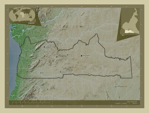 喀麦隆地区 用Wiki风格绘制的带有湖泊和河流的高程地图 该区域主要城市的地点和名称 角辅助位置图 — 图库照片