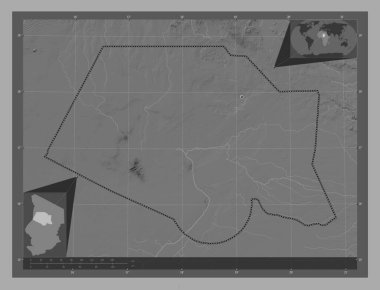 Borkou, Çad bölgesi. Göllü ve nehirli çift katlı yükseklik haritası. Bölgenin büyük şehirlerinin yerleri. Köşedeki yedek konum haritaları