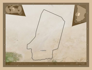 Barh el Ghazel, Çad bölgesi. Düşük çözünürlüklü uydu. Bölgenin büyük şehirlerinin yerleri ve isimleri. Köşedeki yedek konum haritaları