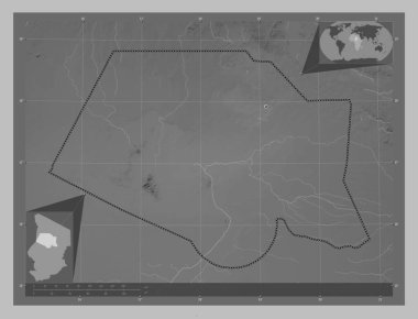 Borkou, Çad bölgesi. Gölleri ve nehirleri olan gri tonlama yükseklik haritası. Bölgenin büyük şehirlerinin yerleri. Köşedeki yedek konum haritaları