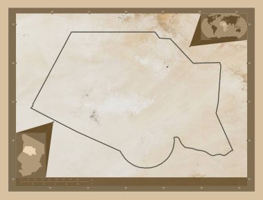 Borkou, Çad bölgesi. Düşük çözünürlüklü uydu. Bölgenin büyük şehirlerinin yerleri. Köşedeki yedek konum haritaları