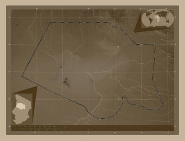 Borkou, Çad bölgesi. Yükseklik haritası sepya tonlarında göller ve nehirlerle renklendirilmiş. Bölgenin büyük şehirlerinin yerleri. Köşedeki yedek konum haritaları