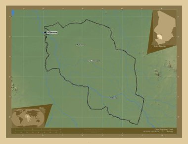 Chari-Bagu, Çad bölgesi. Gölleri ve nehirleri olan renkli yükseklik haritası. Bölgenin büyük şehirlerinin yerleri ve isimleri. Köşedeki yedek konum haritaları