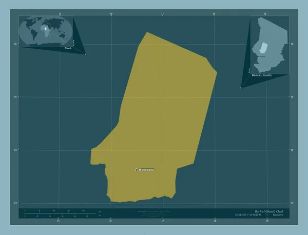 ガゼルチャドの地域 しっかりした色の形 地域の主要都市の位置と名前 コーナー補助位置図 — ストック写真
