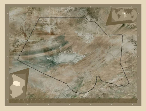 乍得地区博尔库 高分辨率卫星地图 该区域主要城市的所在地点 角辅助位置图 — 图库照片
