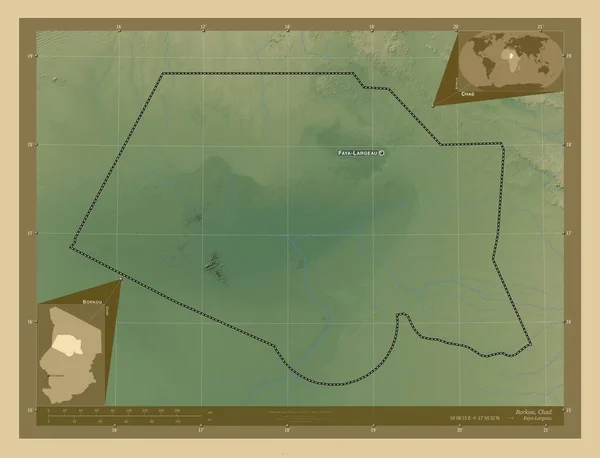 Borkou Regione Del Ciad Mappa Elevazione Colorata Con Laghi Fiumi — Foto Stock