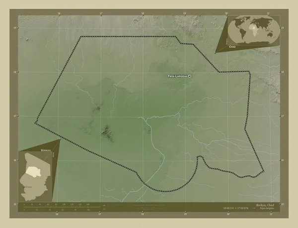 乍得地区博尔库 用Wiki风格绘制的带有湖泊和河流的高程地图 该区域主要城市的地点和名称 角辅助位置图 — 图库照片