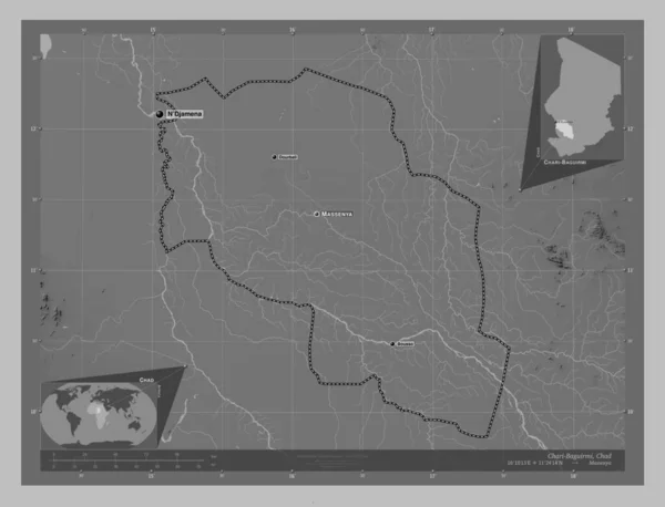 Chari Baguirmi Region Chad Grayscale Elevation Map Lakes Rivers Locations — Stock Photo, Image