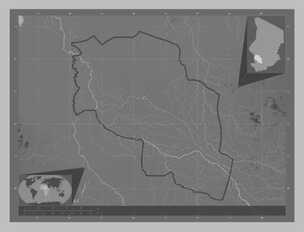 Chari Baguirmi Region Chad Grayscale Elevation Map Lakes Rivers Corner — Stock Photo, Image