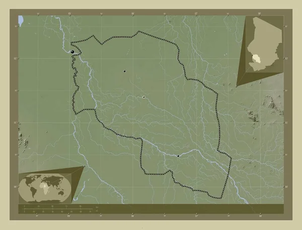 Chari Baguirmi 乍得地区 用Wiki风格绘制的带有湖泊和河流的高程地图 该区域主要城市的所在地点 角辅助位置图 — 图库照片