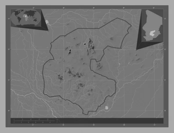 ゲラチャドの地域 湖や川と二階の標高マップ 地域の主要都市の場所 コーナー補助位置図 — ストック写真