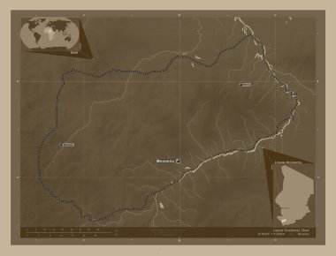 Logone Occidental, Çad bölgesi. Yükseklik haritası sepya tonlarında göller ve nehirlerle renklendirilmiş. Bölgenin büyük şehirlerinin yerleri ve isimleri. Köşedeki yedek konum haritaları
