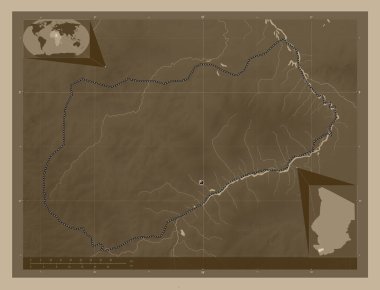 Logone Occidental, Çad bölgesi. Yükseklik haritası sepya tonlarında göller ve nehirlerle renklendirilmiş. Köşedeki yedek konum haritaları