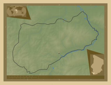 Logone Occidental, Çad bölgesi. Gölleri ve nehirleri olan renkli yükseklik haritası. Köşedeki yedek konum haritaları