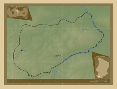 Logone Occidental, Çad bölgesi. Gölleri ve nehirleri olan renkli yükseklik haritası. Bölgenin büyük şehirlerinin yerleri ve isimleri. Köşedeki yedek konum haritaları