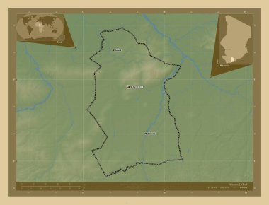 Mandoul, Chad bölgesi. Gölleri ve nehirleri olan renkli yükseklik haritası. Bölgenin büyük şehirlerinin yerleri ve isimleri. Köşedeki yedek konum haritaları