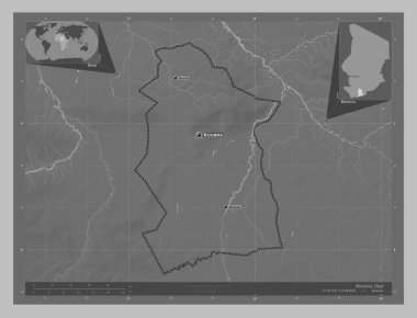 Mandoul, Chad bölgesi. Gölleri ve nehirleri olan gri tonlama yükseklik haritası. Bölgenin büyük şehirlerinin yerleri ve isimleri. Köşedeki yedek konum haritaları