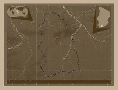 Mandoul, Chad bölgesi. Yükseklik haritası sepya tonlarında göller ve nehirlerle renklendirilmiş. Bölgenin büyük şehirlerinin yerleri. Köşedeki yedek konum haritaları