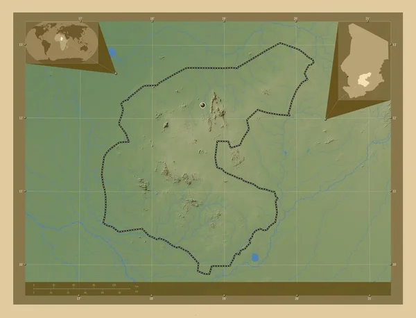 Гуэра Область Чад Цветная Карта Высоты Озерами Реками Вспомогательные Карты — стоковое фото