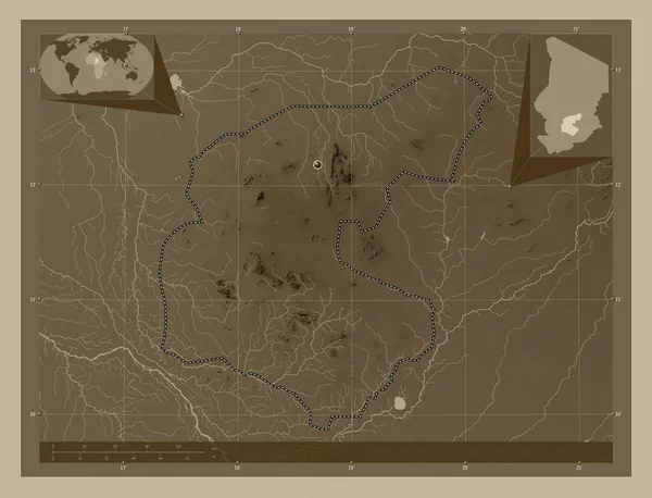 Guera Región Chad Mapa Elevación Coloreado Tonos Sepia Con Lagos —  Fotos de Stock