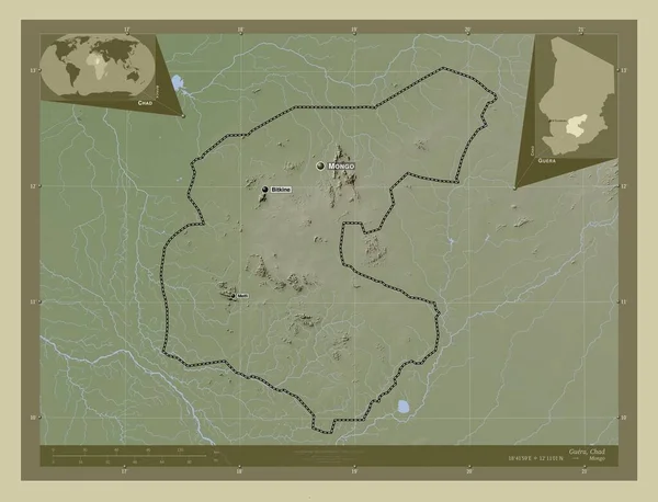 Guera 乍得地区 用Wiki风格绘制的带有湖泊和河流的高程地图 该区域主要城市的地点和名称 角辅助位置图 — 图库照片