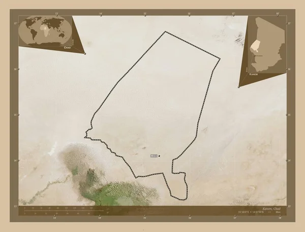Kanem 乍得地区 低分辨率卫星地图 该区域主要城市的地点和名称 角辅助位置图 — 图库照片