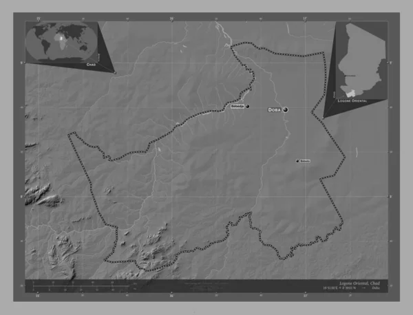 ロゴン オリエンタルチャドの地域 湖や川と二階の標高マップ 地域の主要都市の位置と名前 コーナー補助位置図 — ストック写真